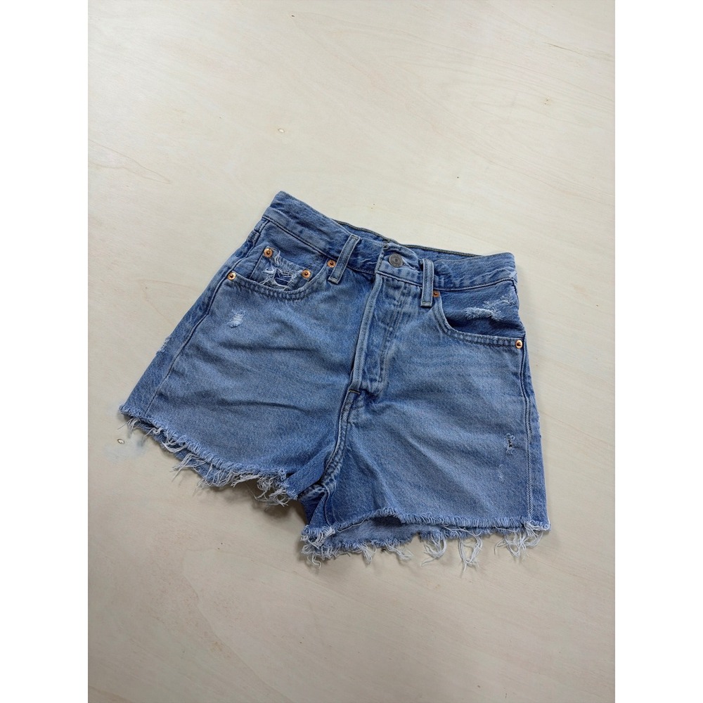 Levis Premium Ribcage Shorts Light Wash Distressed High Rise Denim Size 24